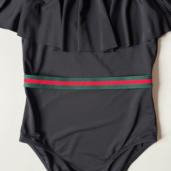 Stella Cove Girls Black Ruffle Swimsuit with Gucci-Style Belt - Size 12Y